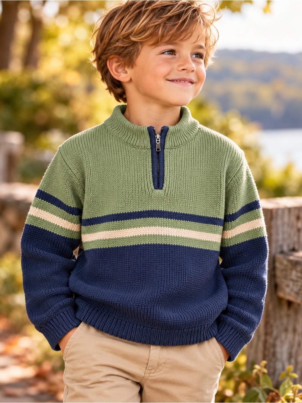 Vintage Kitestrings Kids 5/6 Cotton Quarter Zip Striped Sweater Sage Navy Prepp